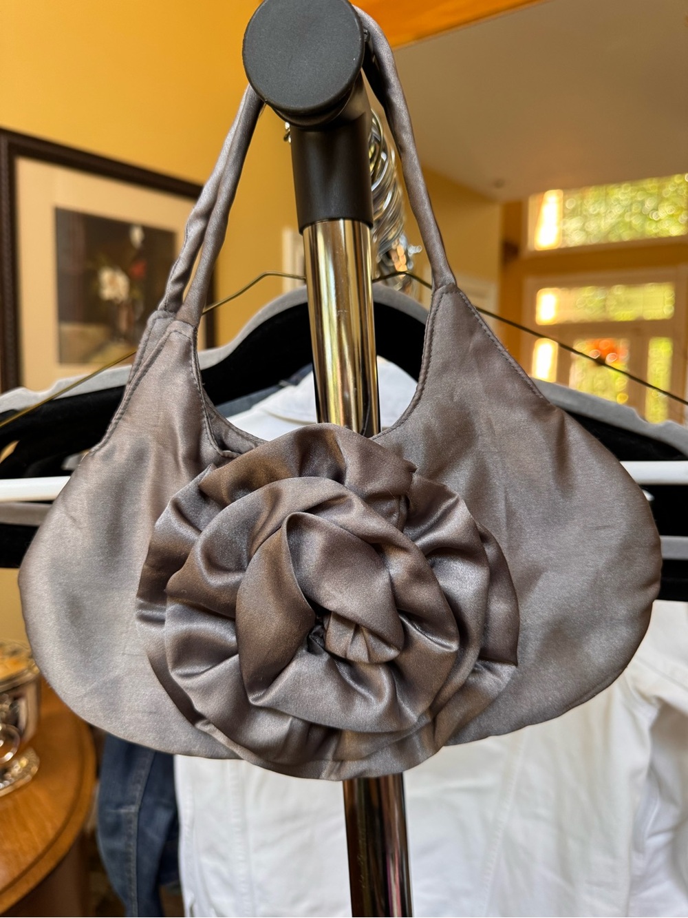 Satin Rose Accent Mini Bag in Gray